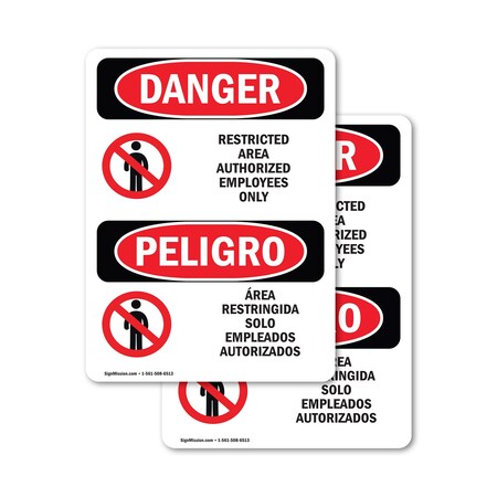 Signmission Restricted Area Authorized Employees Only Danger Sign, Vinyl Decal, 7in W x 10in L, 2PK OS-2PACK-DS-D-710-VS-1548